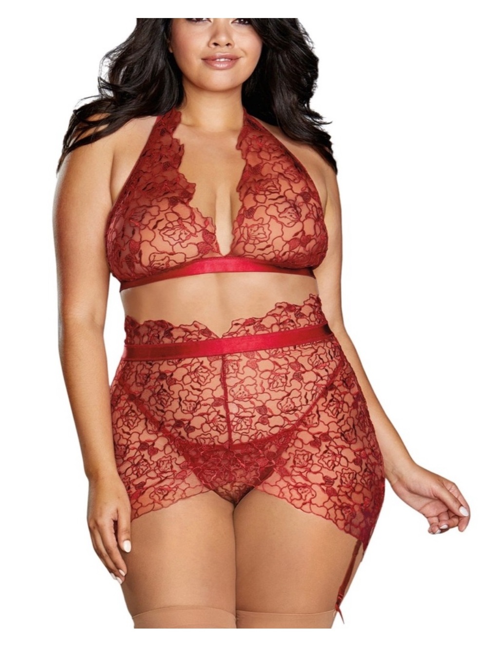 Dreamgirl Red Lace Halter Bralette & Skirt Set
